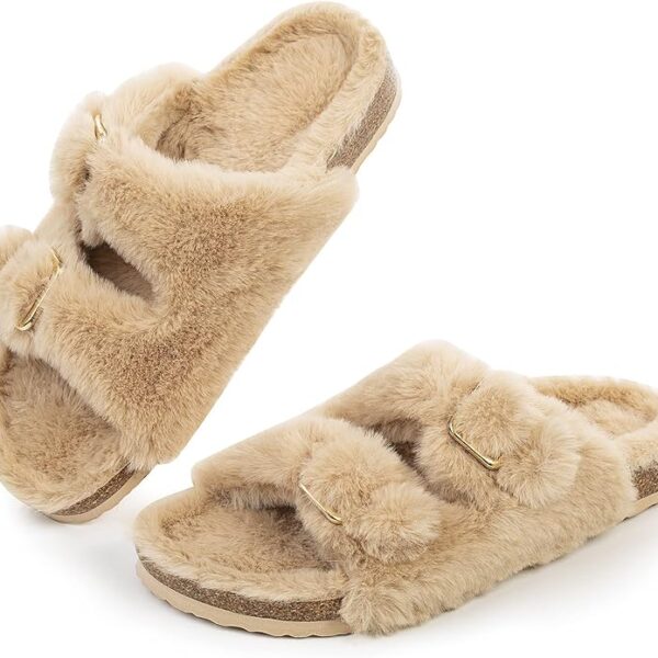 Women's Faux Fur Open Toe Cork Slide Slippers